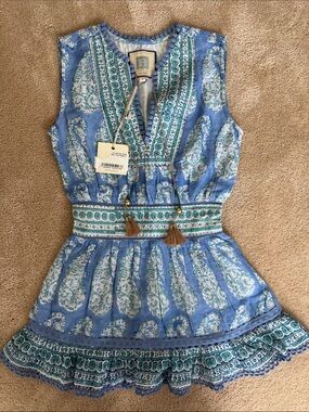 HUNTER BELL Blue and Teal Paisley Sleeveless Dress with Tassels
